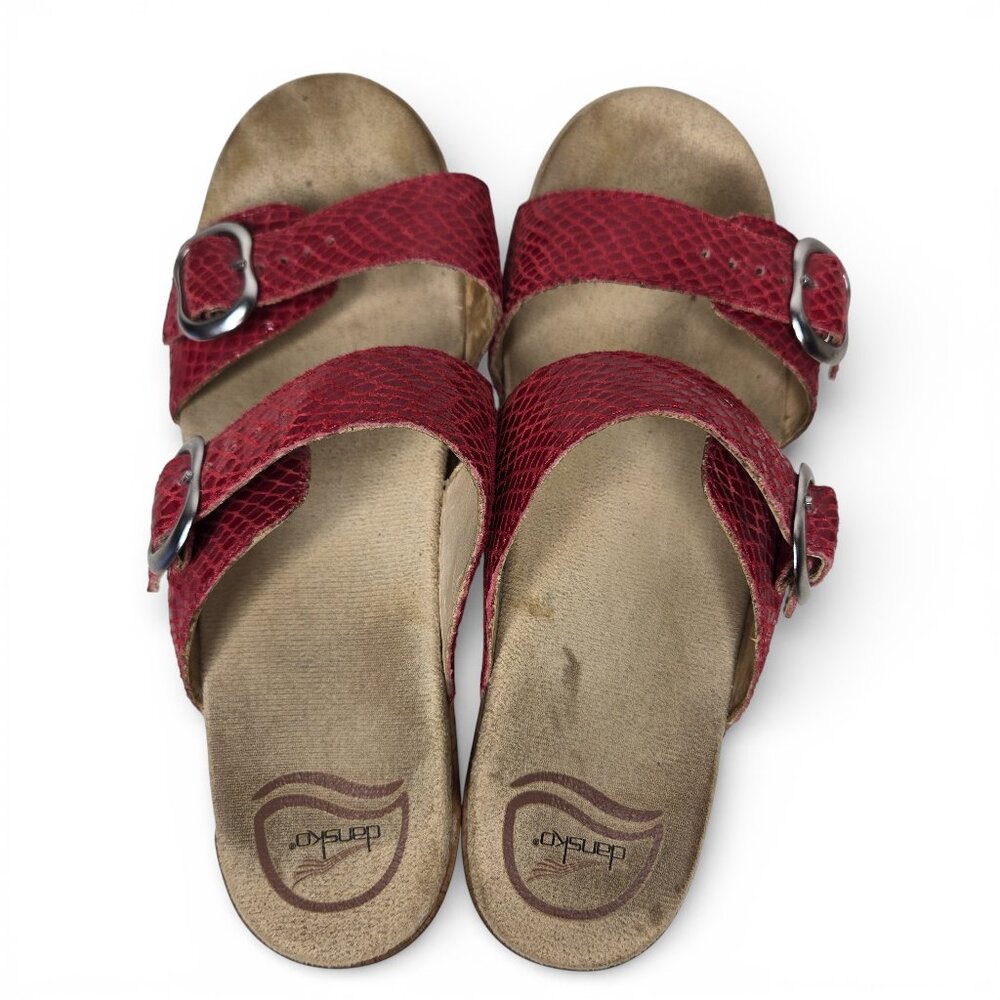 Dansko Sofie Ruby Red Snake Embossed Sandals Silv… - image 5